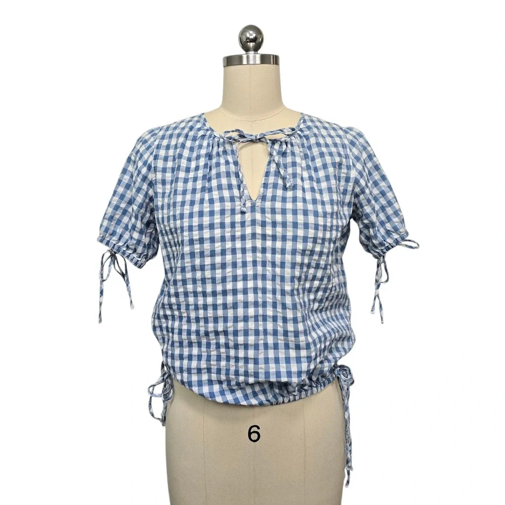 Madewell Blue White Gingham Tie‎ Keyhole Short Sleeve Peasant Blouse XS