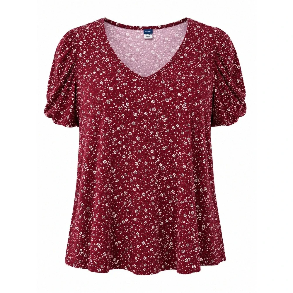 Old Navy Luxe Womens Large Burgundy Floral V-Neck Puff Short Sleeve‎ Top Shirt
