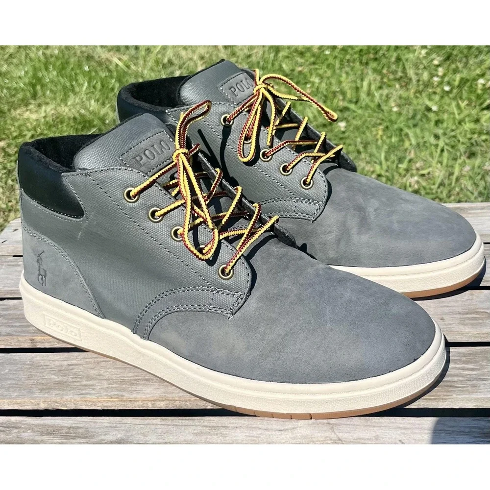 Polo Ralph Lauren Shoes Mens Size 9‎ Gray Sneaker Boot Leather Mid Top BO-LCB