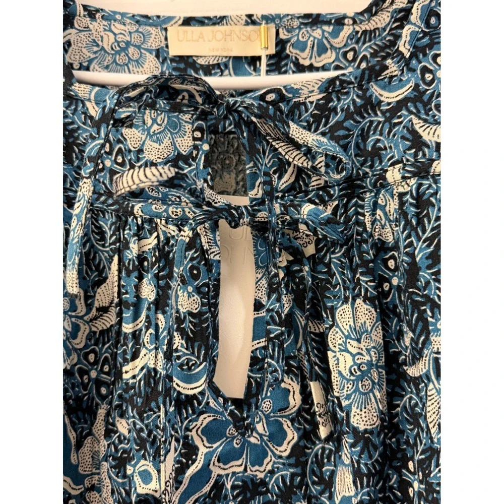 Ulla Johnson Issa Blouse Midnight Blue Floral Puff Sleeve Sz 10 NWT Cottagecore
