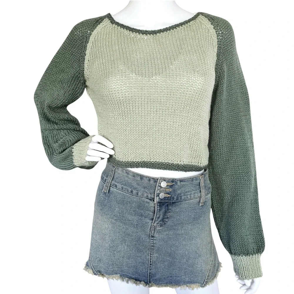 Handmade Knit Cropped‎ Sweater – Two Tone Green | Size Small-Medium