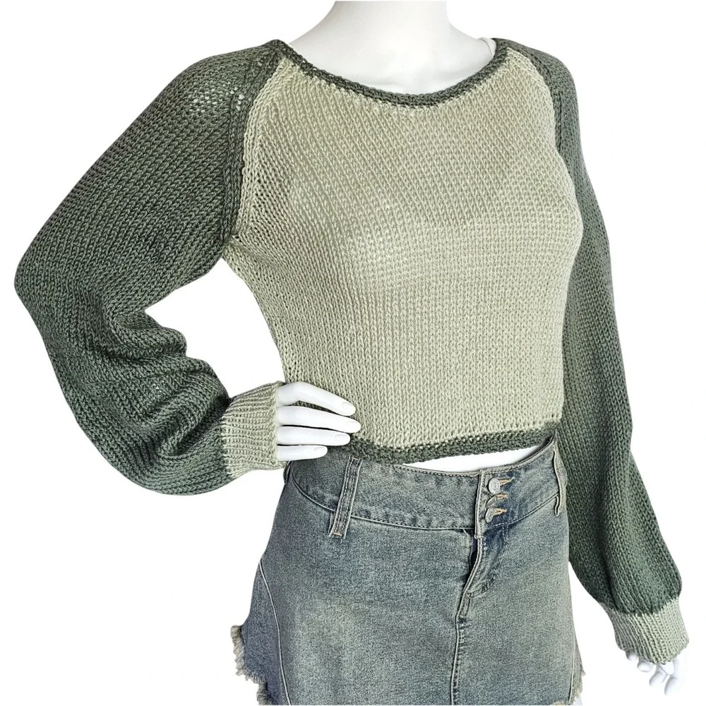 Handmade Knit Cropped‎ Sweater – Two Tone Green | Size Small-Medium