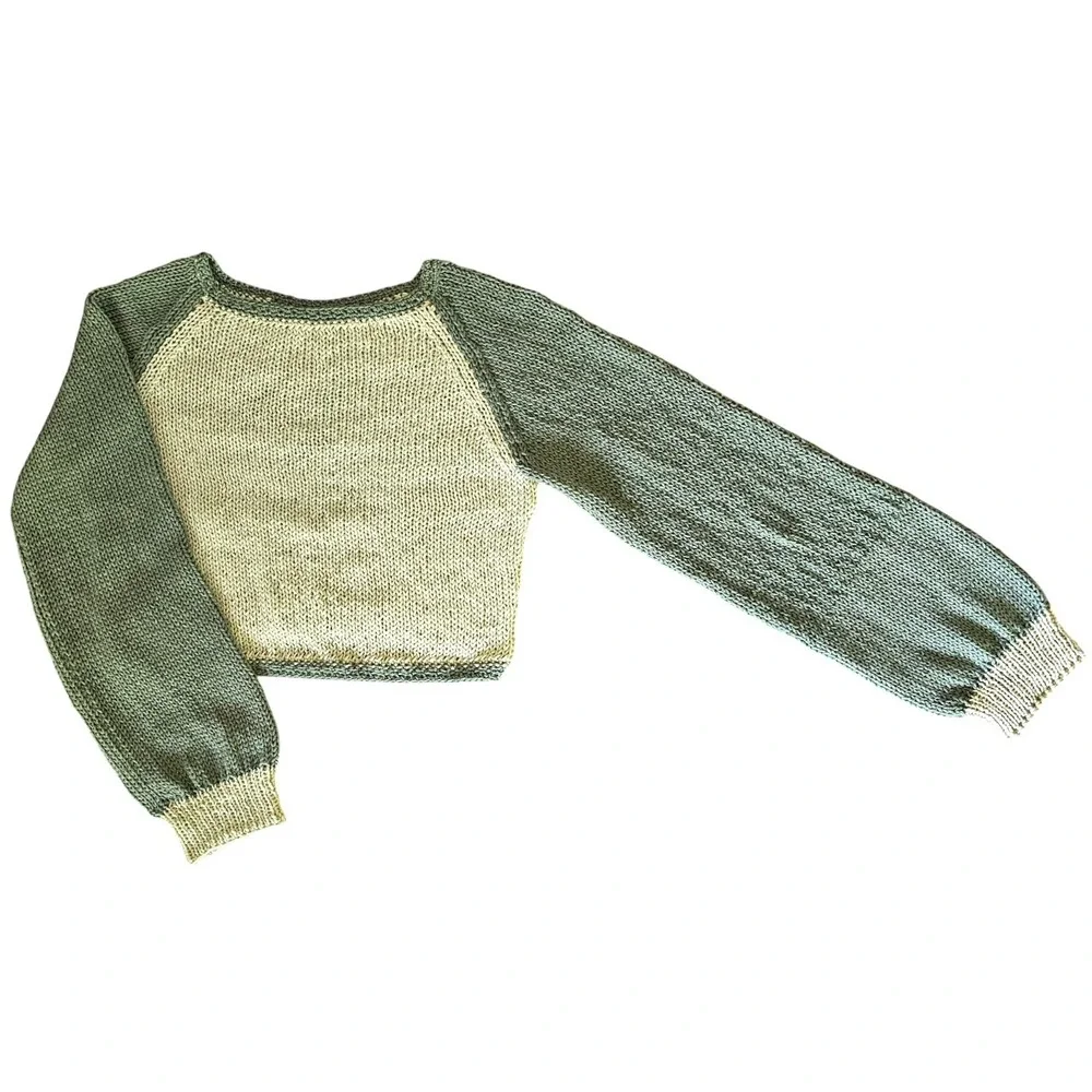 Handmade Knit Cropped‎ Sweater – Two Tone Green | Size Small-Medium