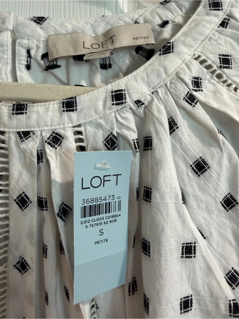 LOFT White Peasant Blouse with Black Square Print
