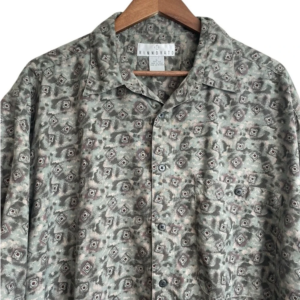 VTG Rinnovato Mens Button Up Shirt L‎ Gray Abstract Geometric 90s Retro Resort