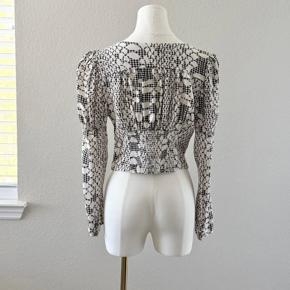 Free People Blouse Houndstooth Snakeskin Puff Long Sleeve Victorian Dark Boho S