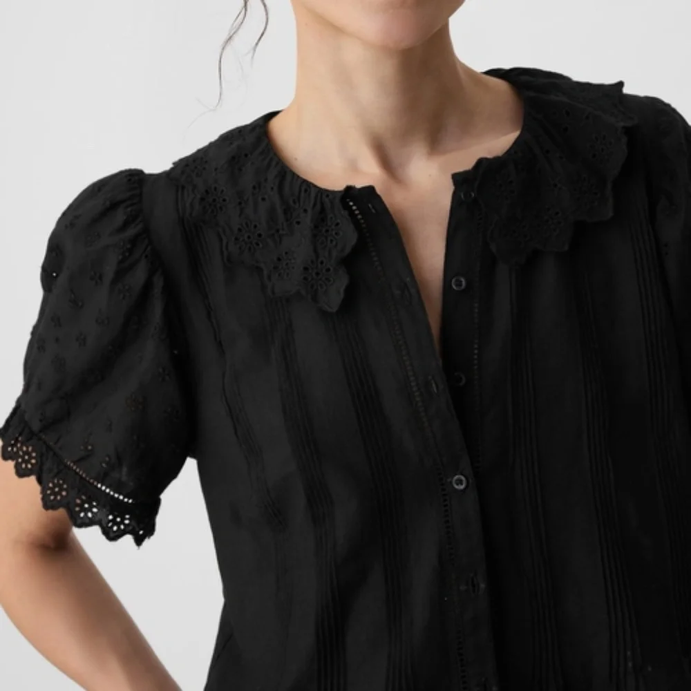Doen Black Eyelet Cotton Puff Sleeve Blouse