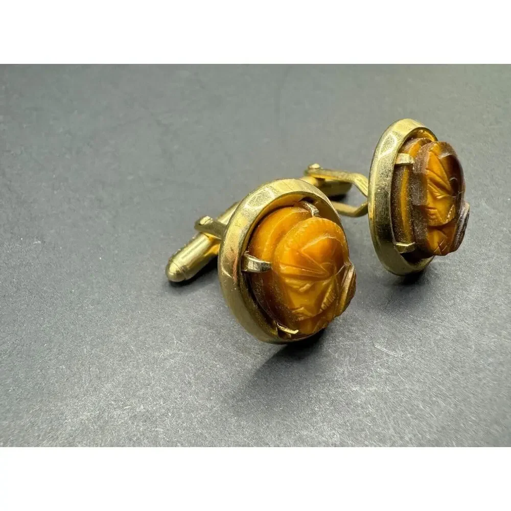Vintage Gold Tone Carved Tiger's Eye Roman Soldier Warrior Cameo Cufflinks