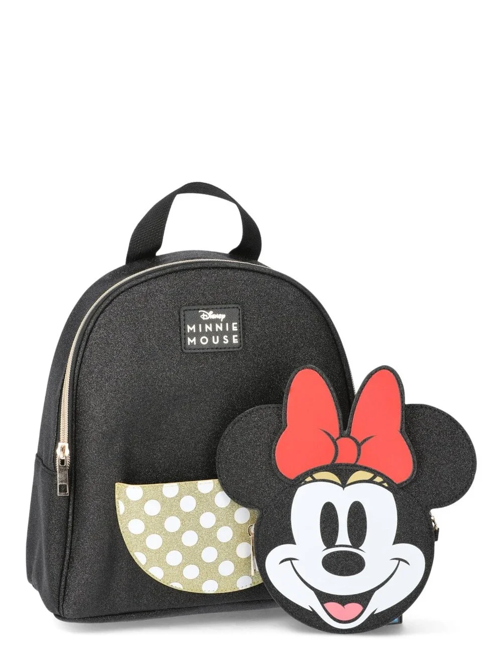Official Disney Minnie Mouse All Over Black Glitter Mini Backpack Gold Polka Dot