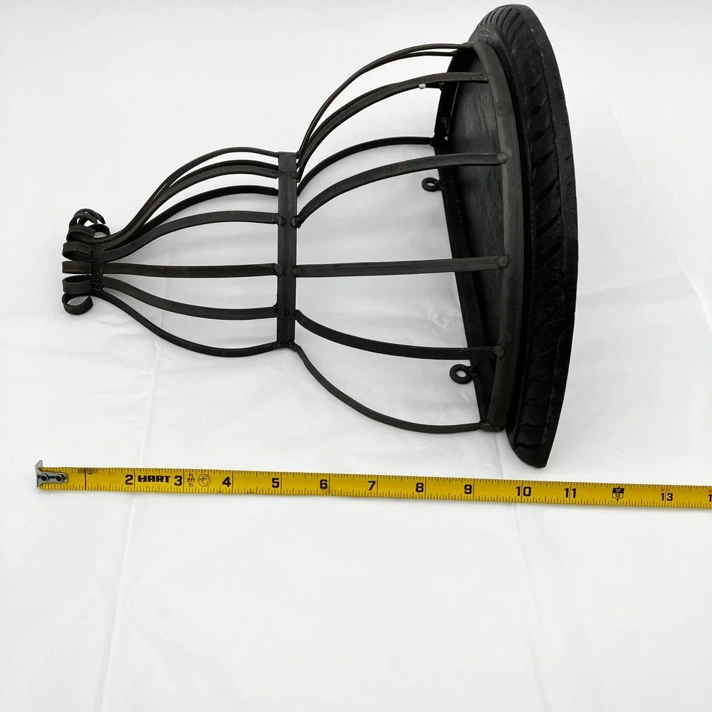 Wall Sconce Shelf 12x10 Black Wrought Iron Cage Carved Wood Top Vintage