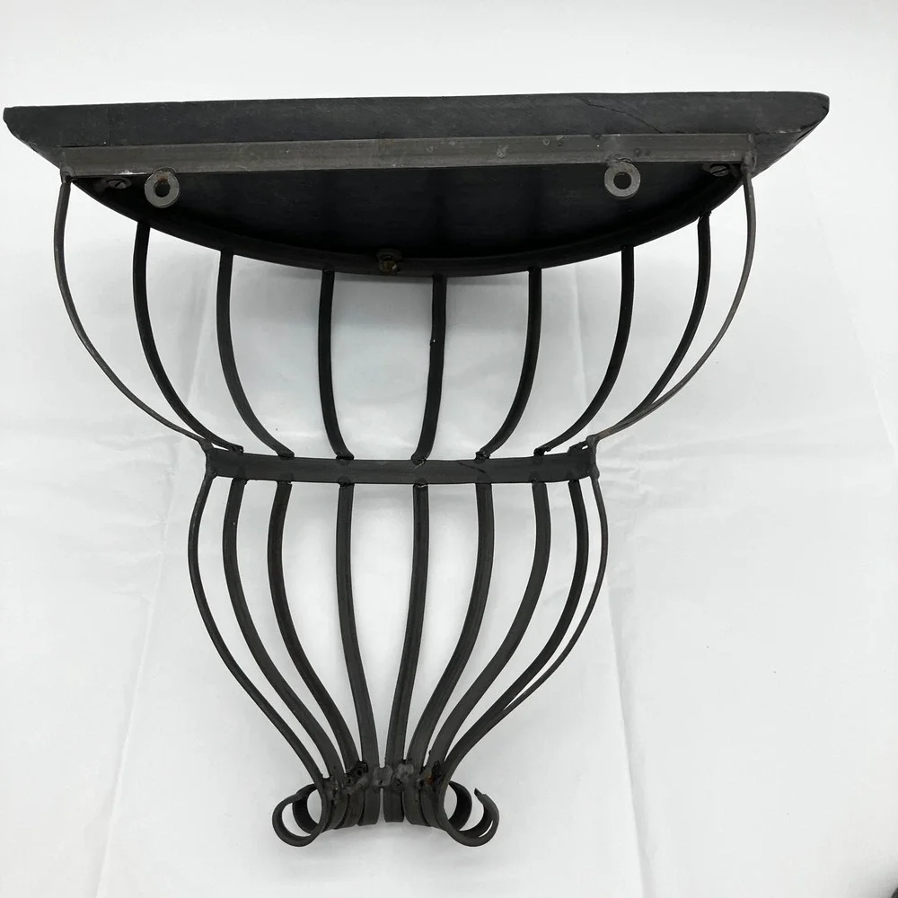 Wall Sconce Shelf 12x10 Black Wrought Iron Cage Carved Wood Top Vintage