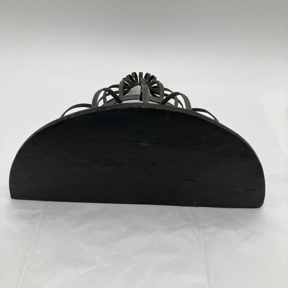 Wall Sconce Shelf 12x10 Black Wrought Iron Cage Carved Wood Top Vintage