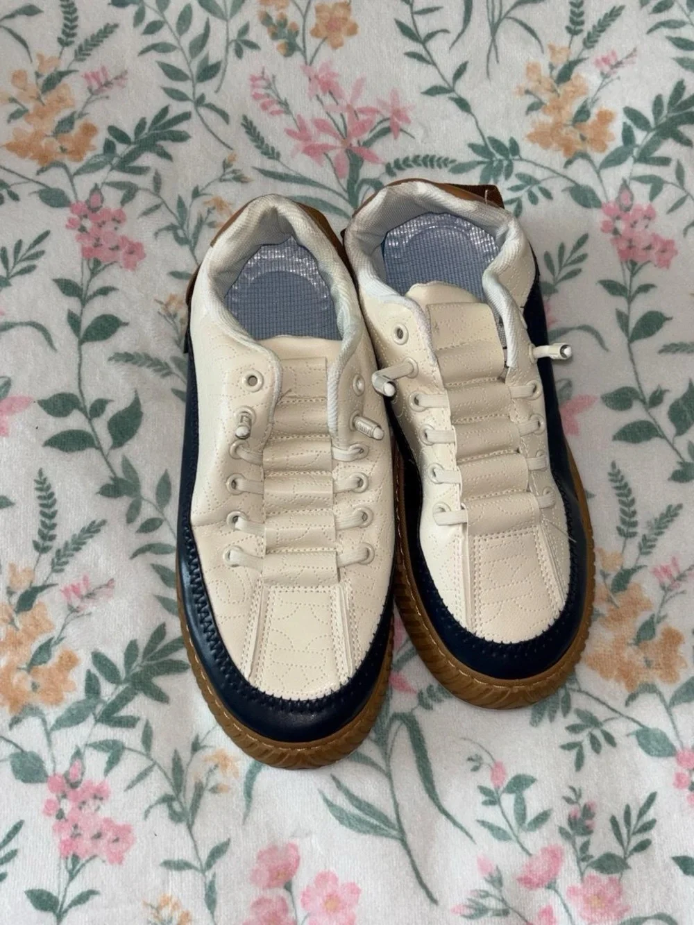 Women's Platform Sneakers in Cream, Navy & Brown