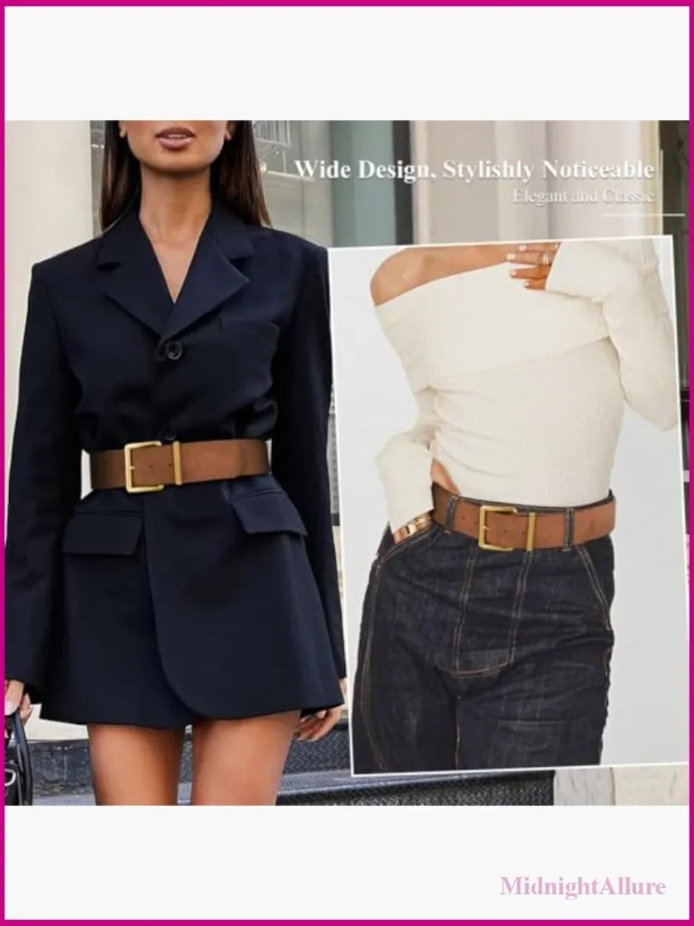 Wide Chunky Suede Belt with Gold Square Buckle - Fully Adjustable