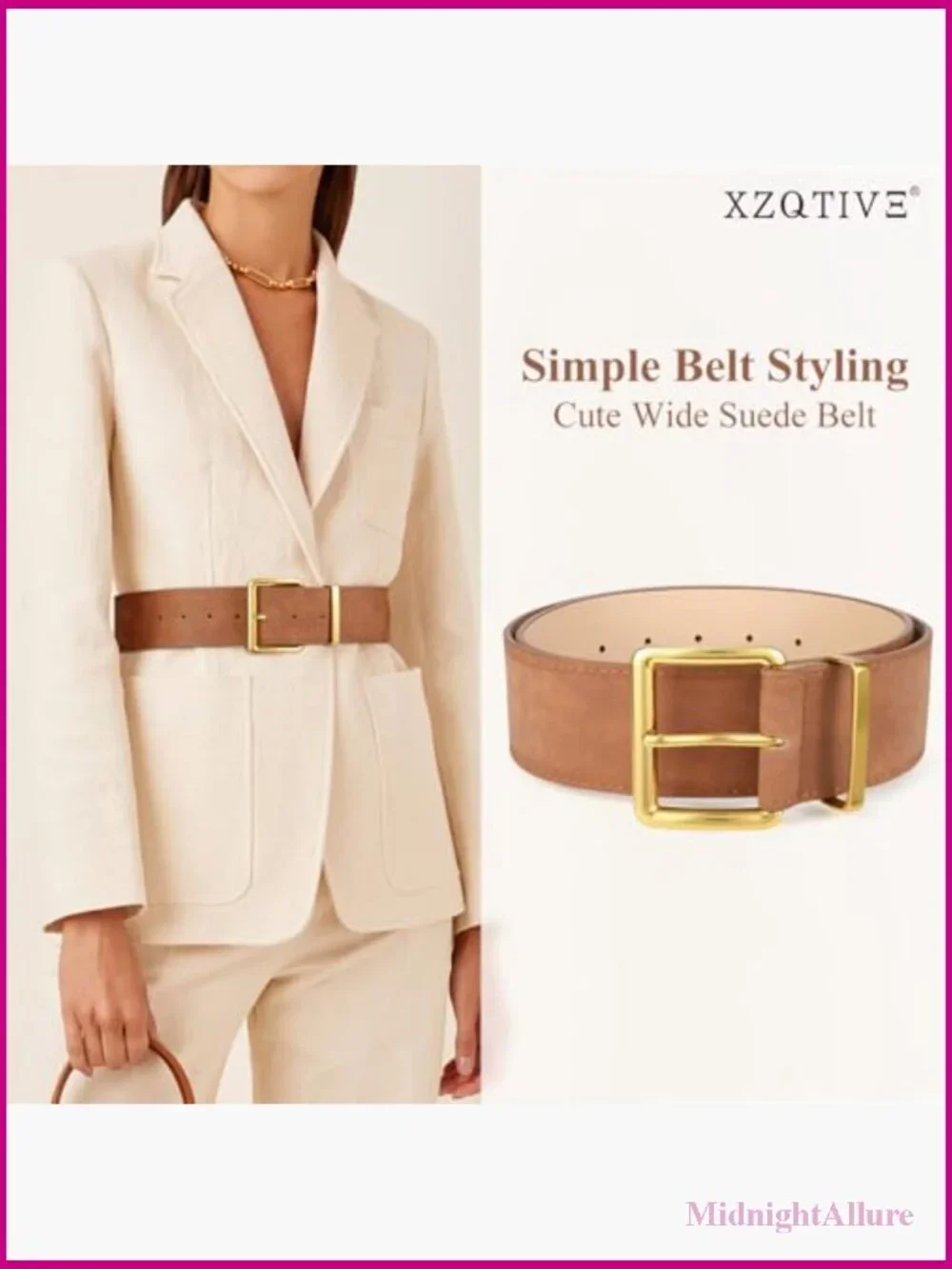 Wide Chunky Suede Belt with Gold Square Buckle - Fully Adjustable