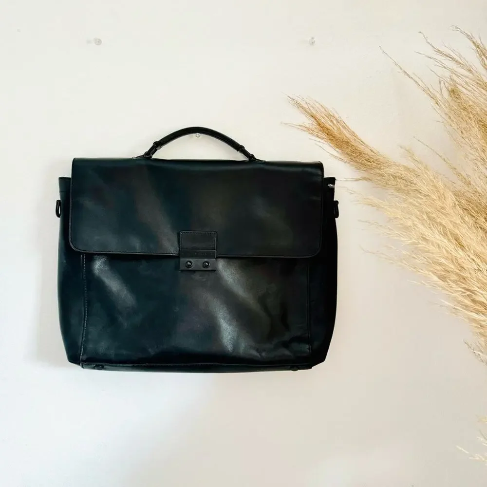 COLE HAAN Black Leather Warner Briefcase Travel Bag Zipper Pocket Laptop Case