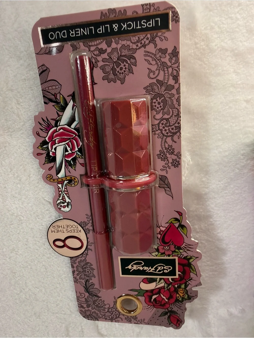 NWT Ed Hardy Y2K Skull Rose Convertible Wristlet Key Ring & Lipstick Liner Set