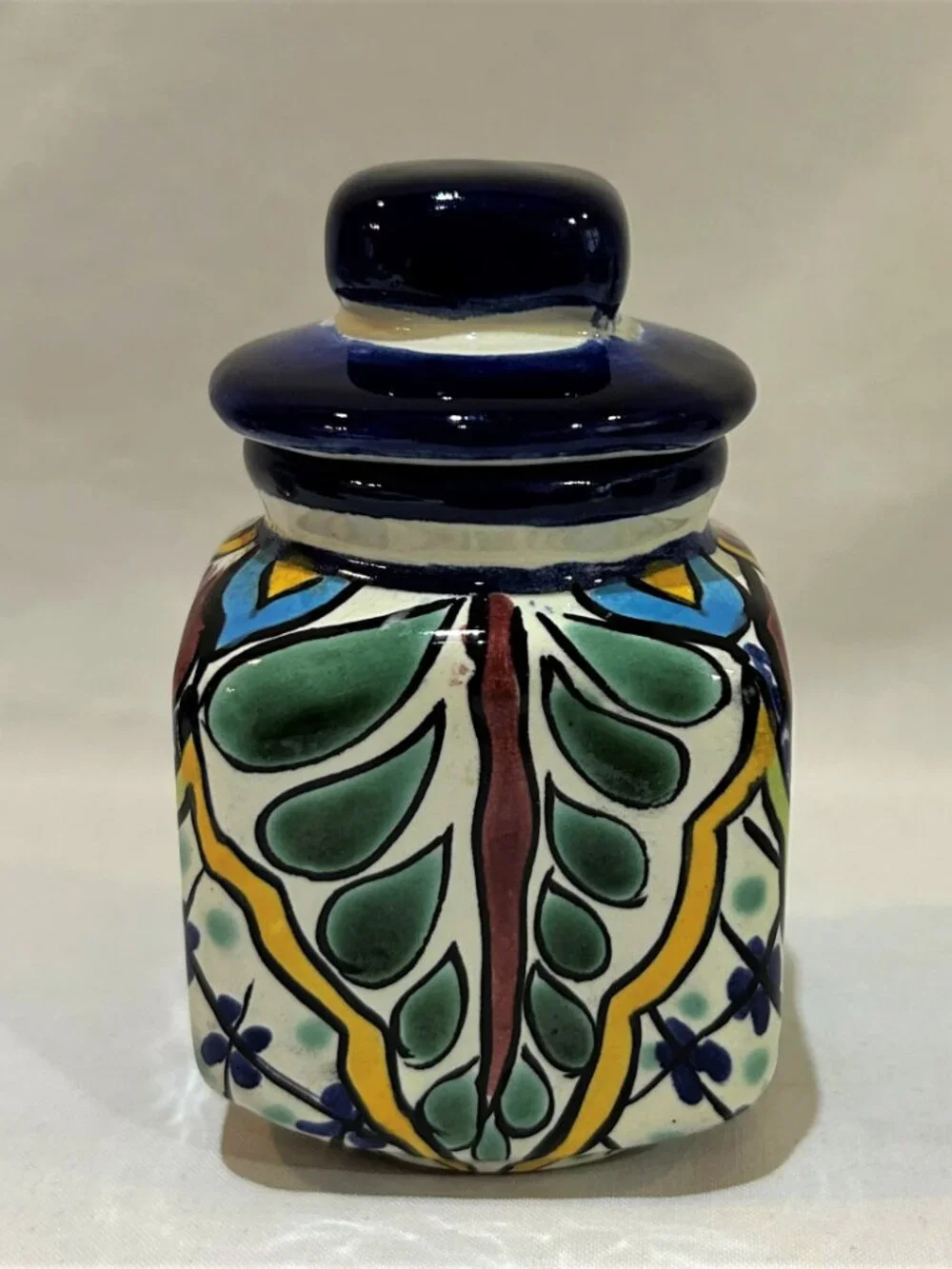 Mexican Pottery Talavera Handmade Painted Colorful Floral Lidded Spice Jar