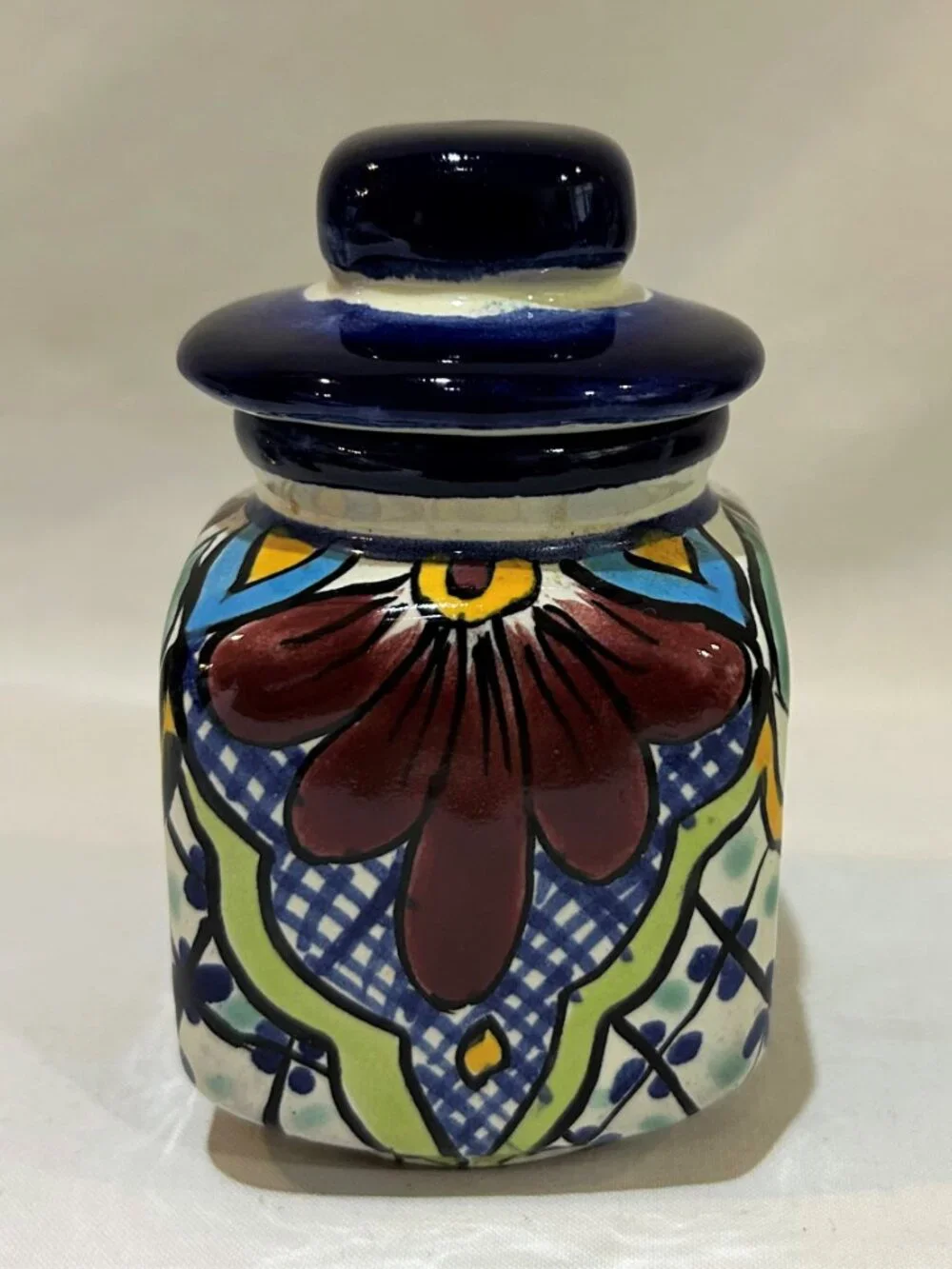 Mexican Pottery Talavera Handmade Painted Colorful Floral Lidded Spice Jar