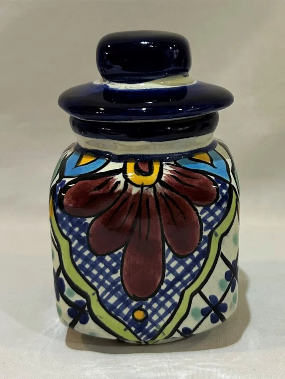 Mexican Pottery Talavera Handmade Painted Colorful Floral Lidded Spice Jar