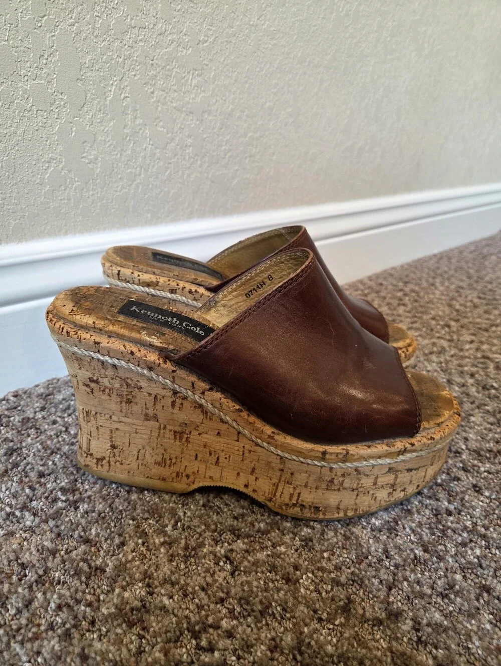 Kenneth Cole Brown Leather Cork Platform Mules - Size 8
