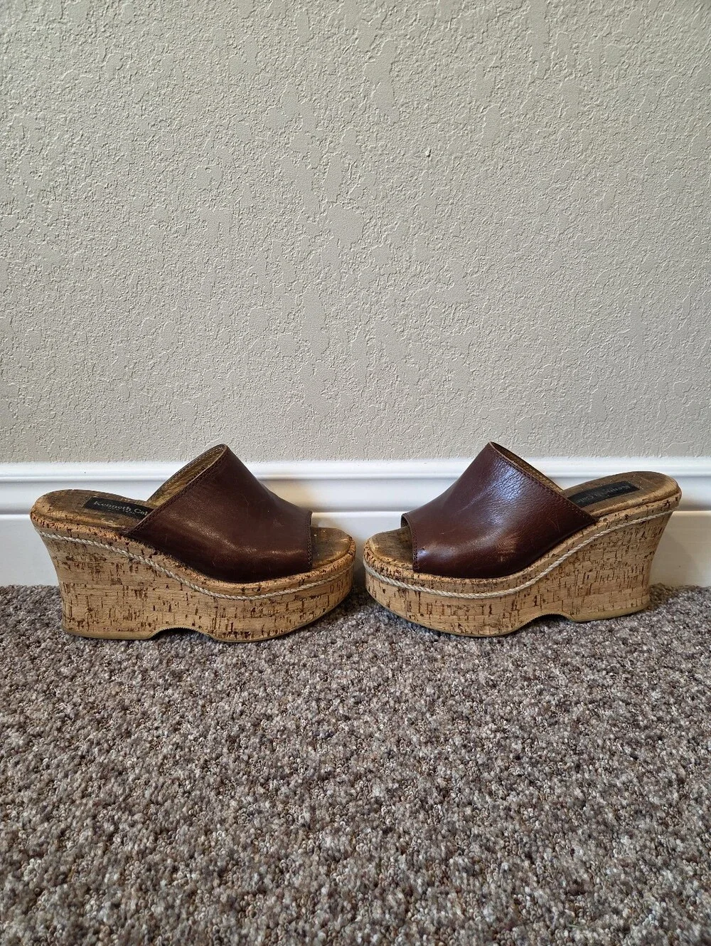 Kenneth Cole Brown Leather Cork Platform Mules - Size 8