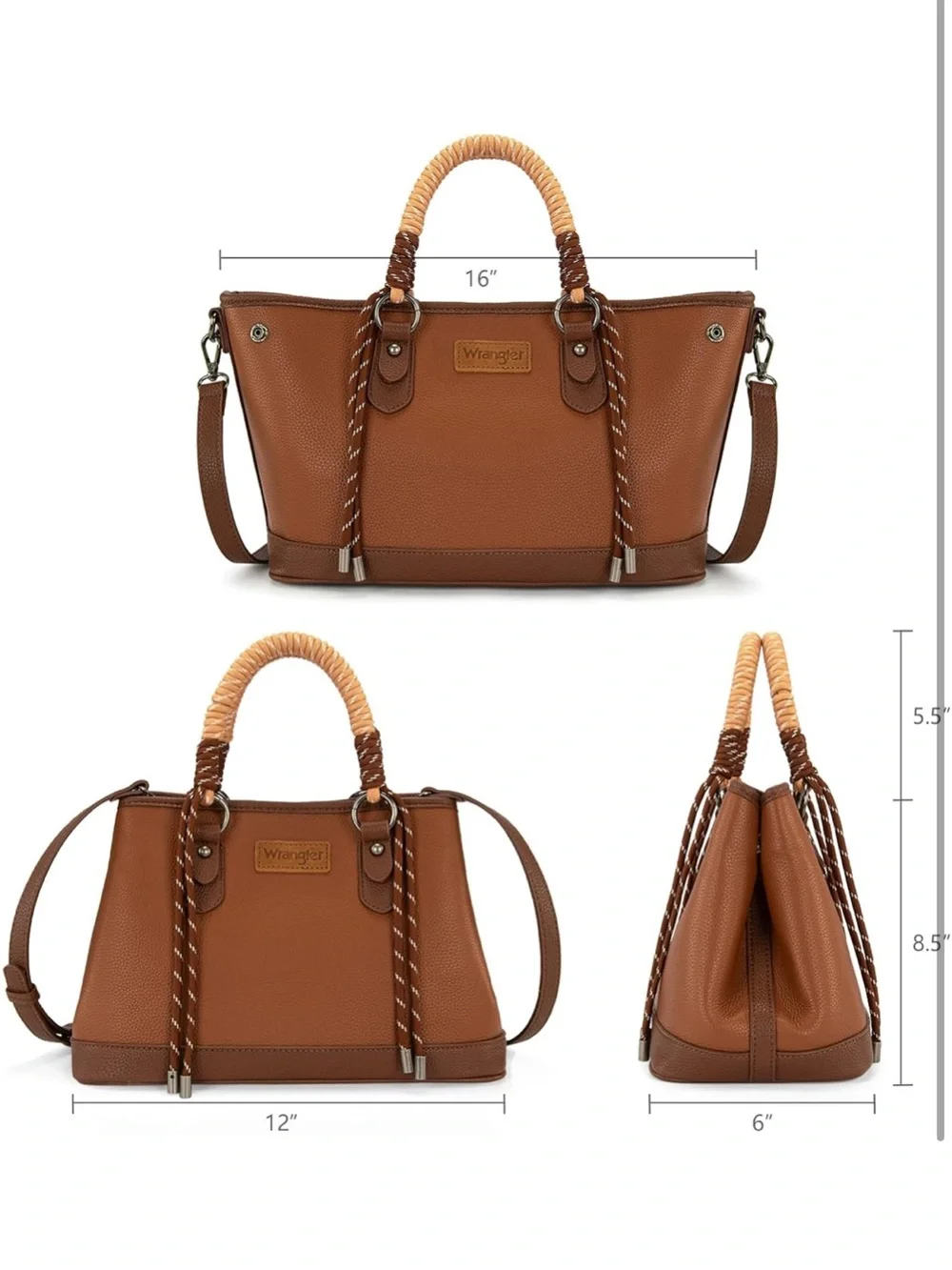Wrangler Brown Leather Satchel with Braided Rope Handles