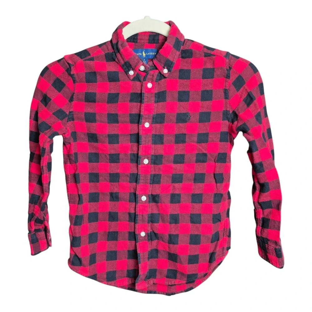 Ralph Lauren Boys 7 Flannel Shirt Red Black Buffalo Plaid Button Down Cotton