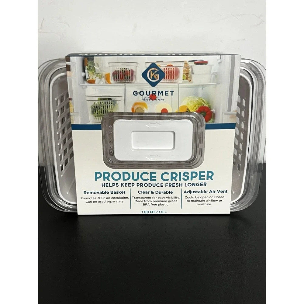 Produce Crisper Container 1.69 Qt — Removable Basket, Adjustable Air Vent, Clear