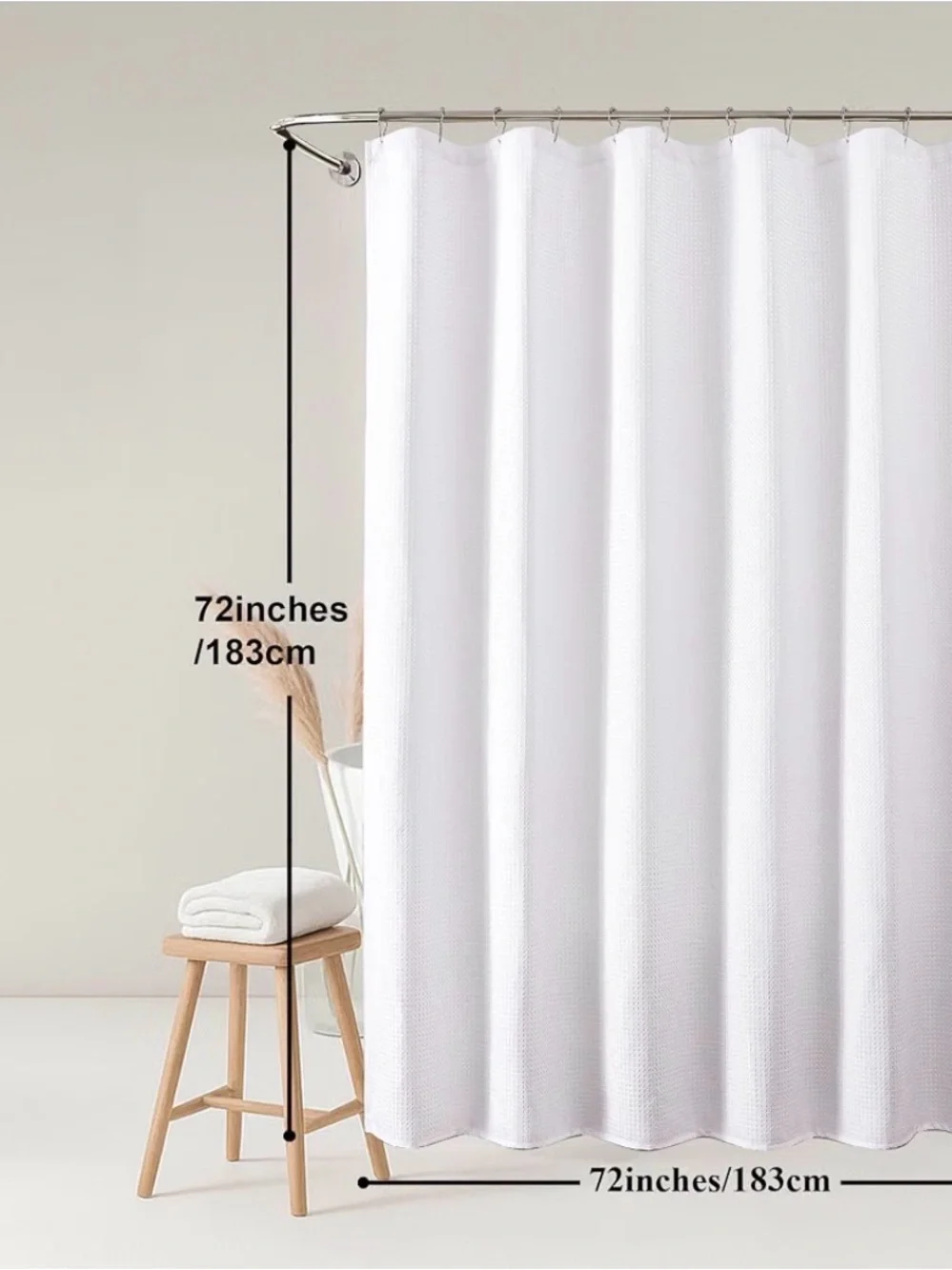 White Shower Waffle Weave Heavy Fabric Shower Curtain Hotel Style 72” X 72”