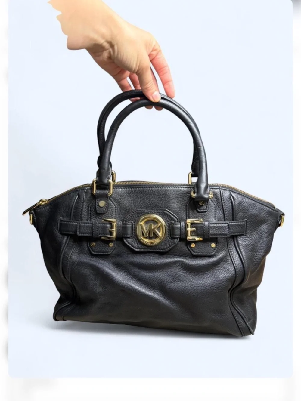 Michael Kors Black Hudson Belted Leather Satchel with Gold-Tone MK‎ Emblem