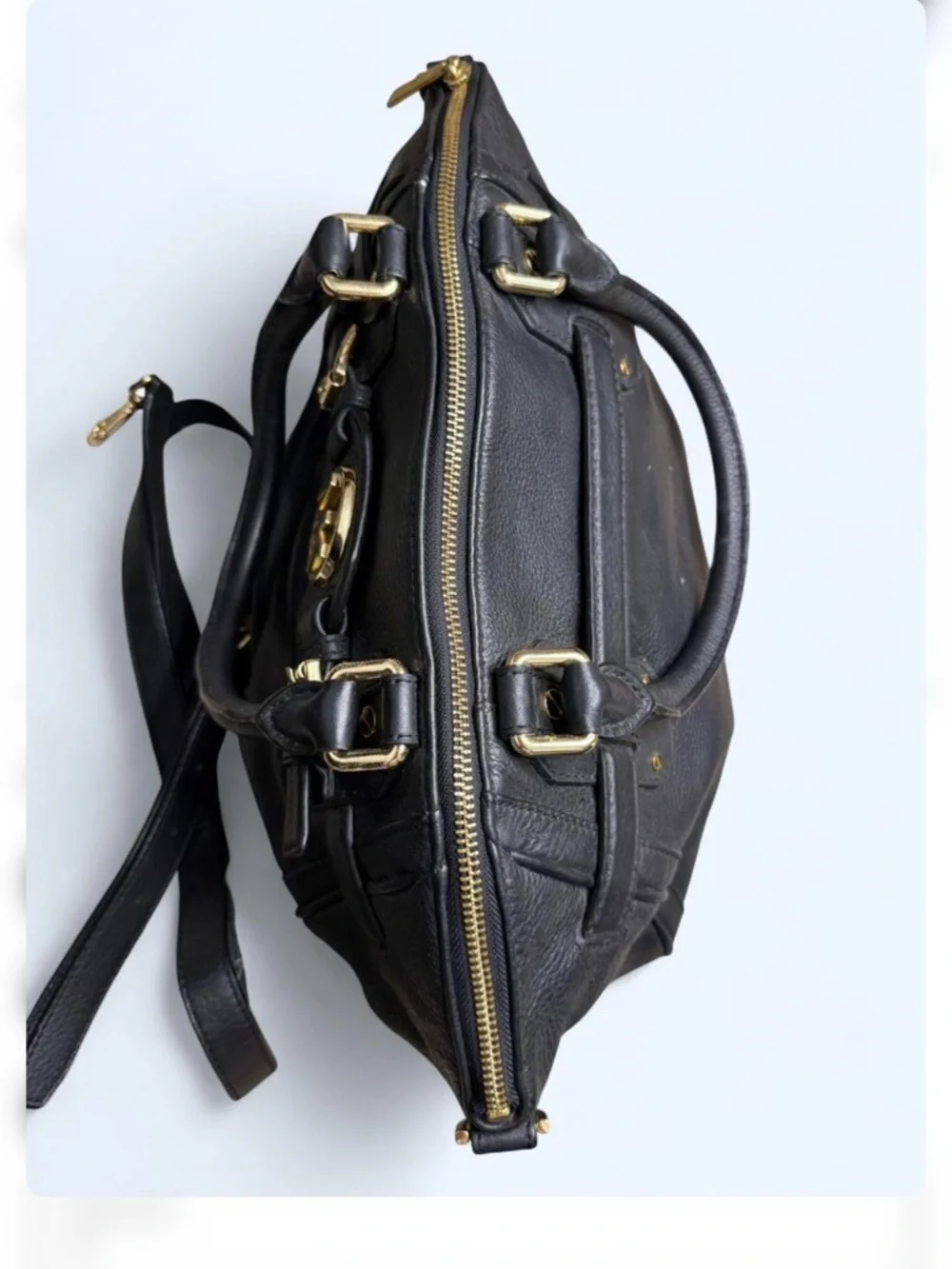 Michael Kors Black Hudson Belted Leather Satchel with Gold-Tone MK‎ Emblem