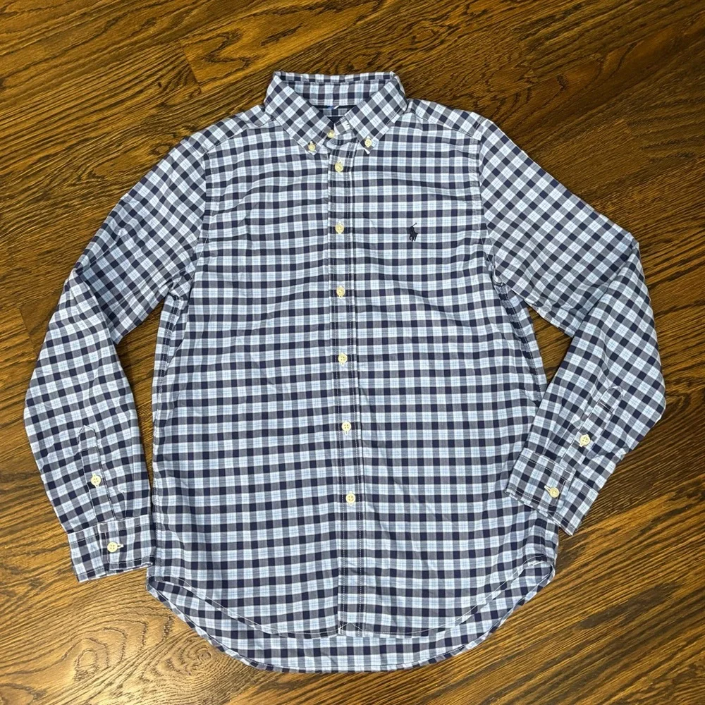 Ralph Lauren Boys Blue Plaid Performance‎ Button-Down Shirt Long Sleeve L