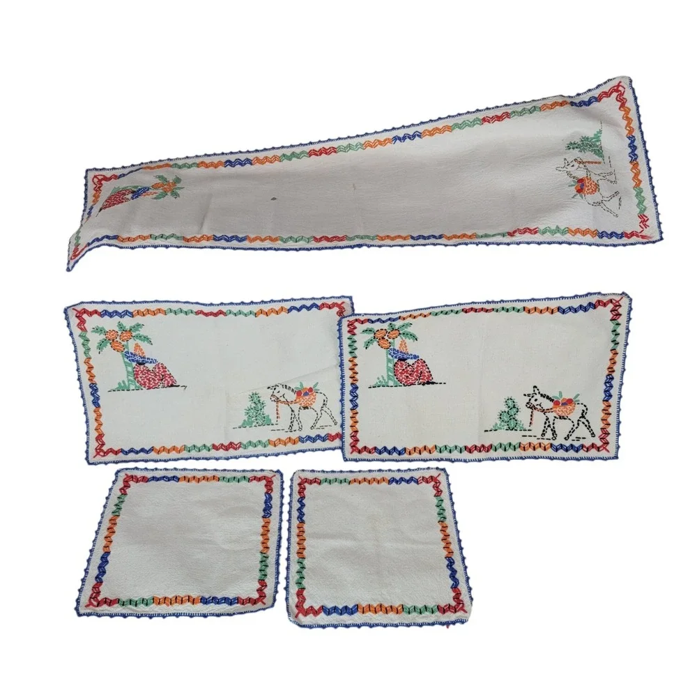 Vintage Mexican Hand Embroidered Table Linen Set 5pc Siesta‎ Donkey Folk Art