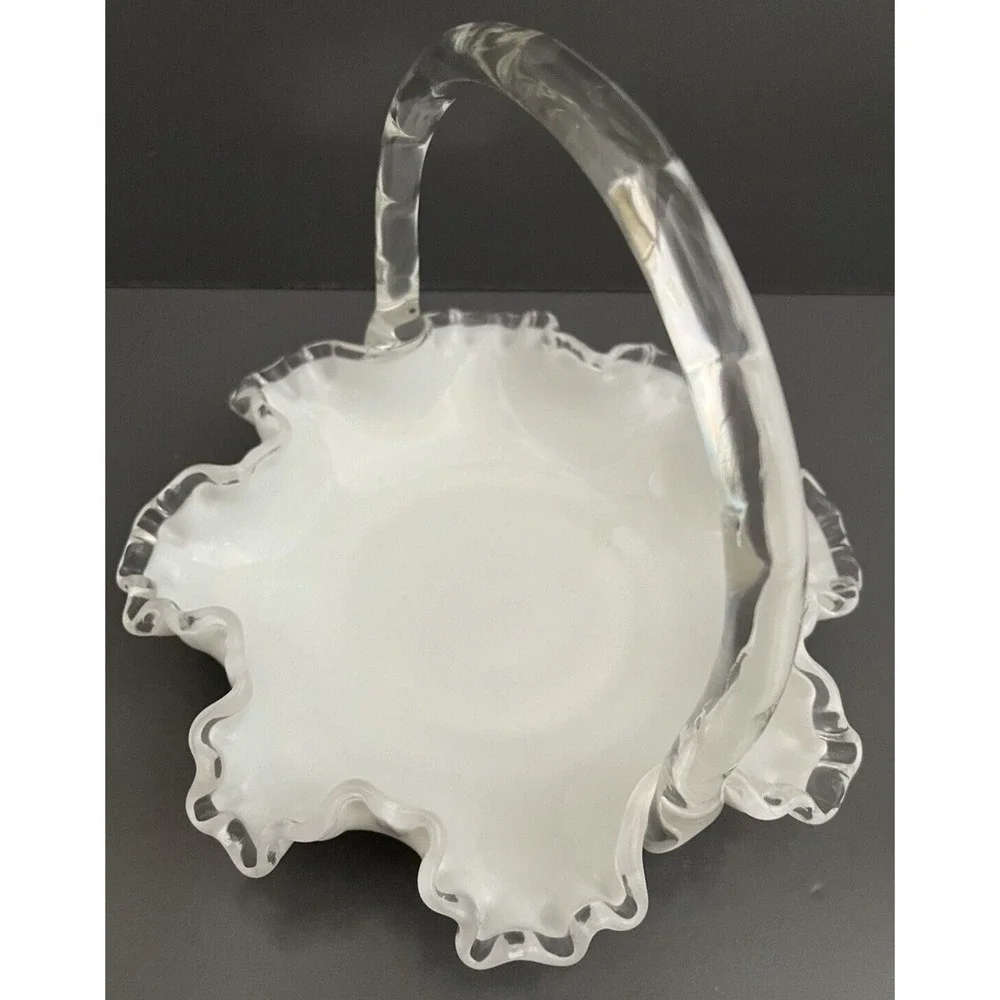 Fenton Silver Crest Milk Glass Basket Collectible White Ruffle Edge Vintage Gift