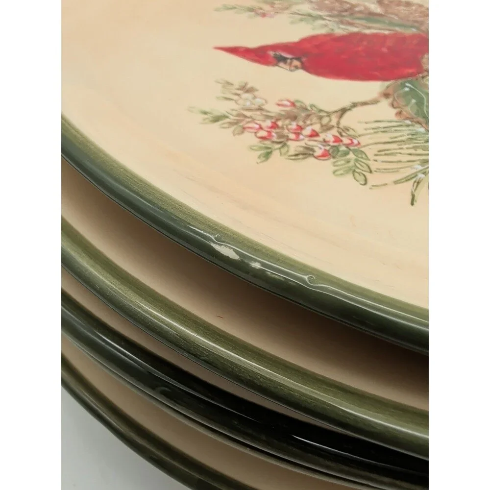 5 Pacific Rim Cardinal Dinner Plates Pine Boughs Cones Holly Berries Winter