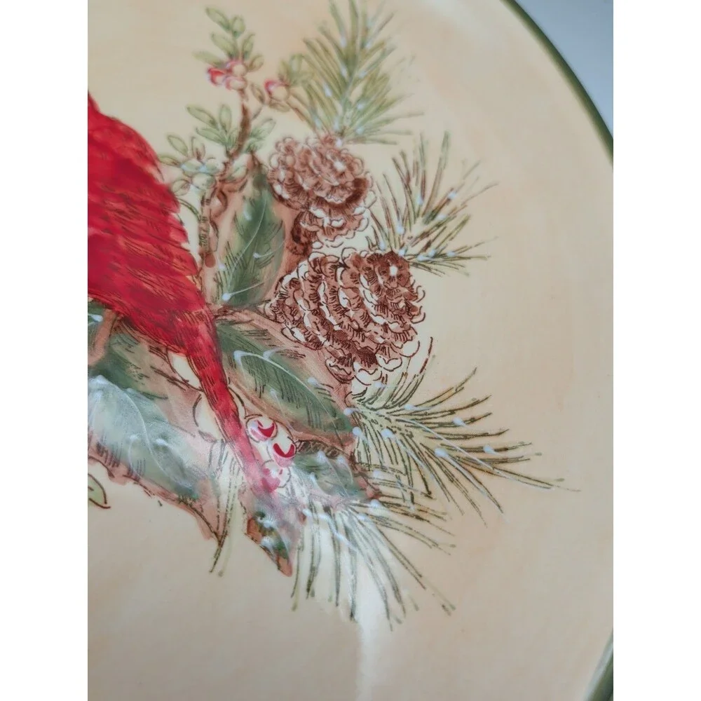 5 Pacific Rim Cardinal Dinner Plates Pine Boughs Cones Holly Berries Winter