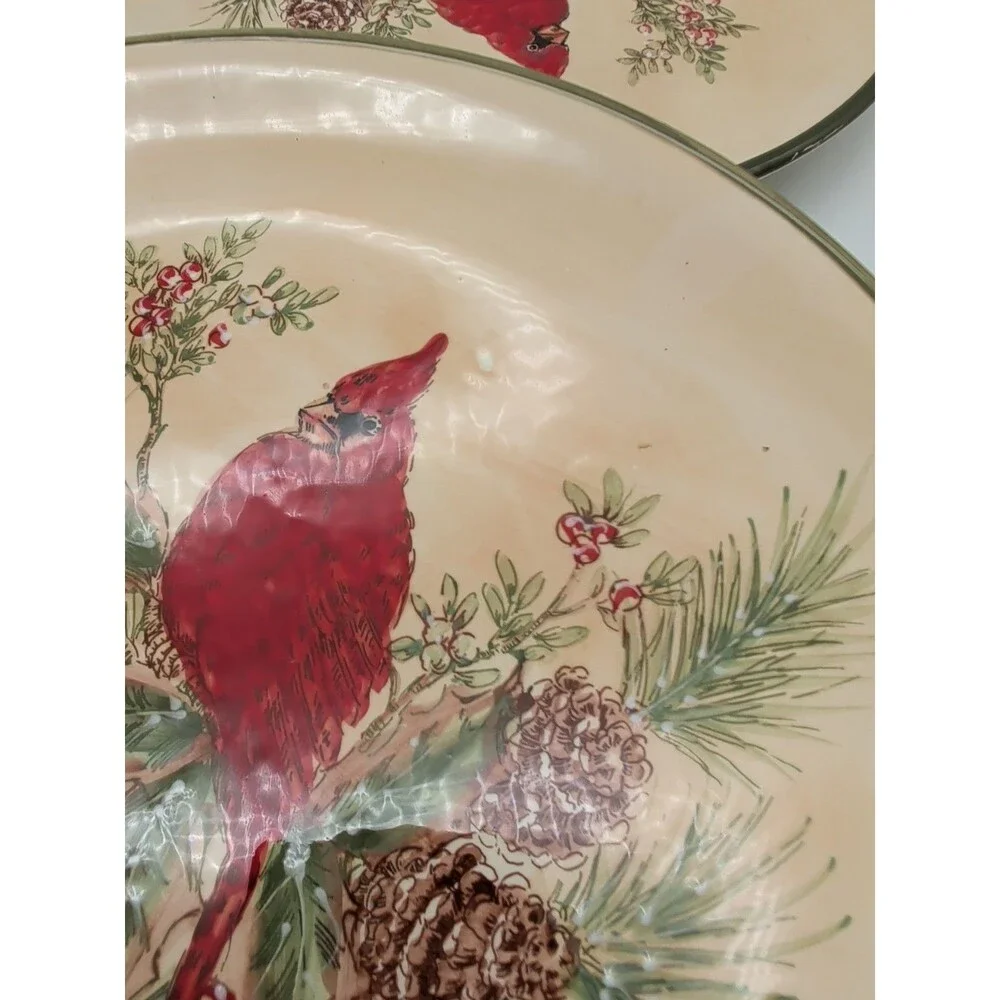 5 Pacific Rim Cardinal Dinner Plates Pine Boughs Cones Holly Berries Winter