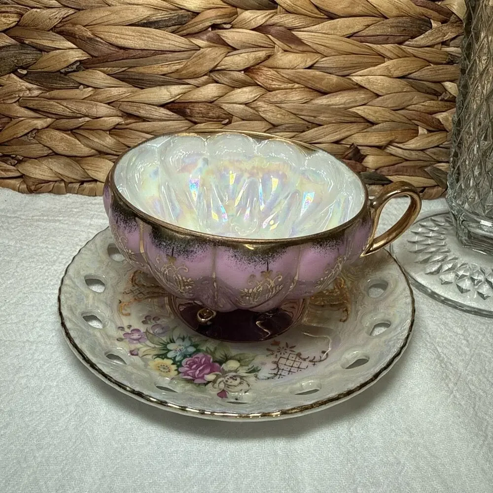 Vintage Pink Lusterware Teacup & Pierced Saucer Set Footed Gold Trim
