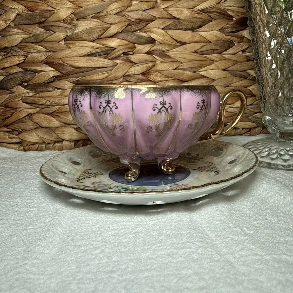 Vintage Pink Lusterware Teacup & Pierced Saucer Set Footed Gold Trim