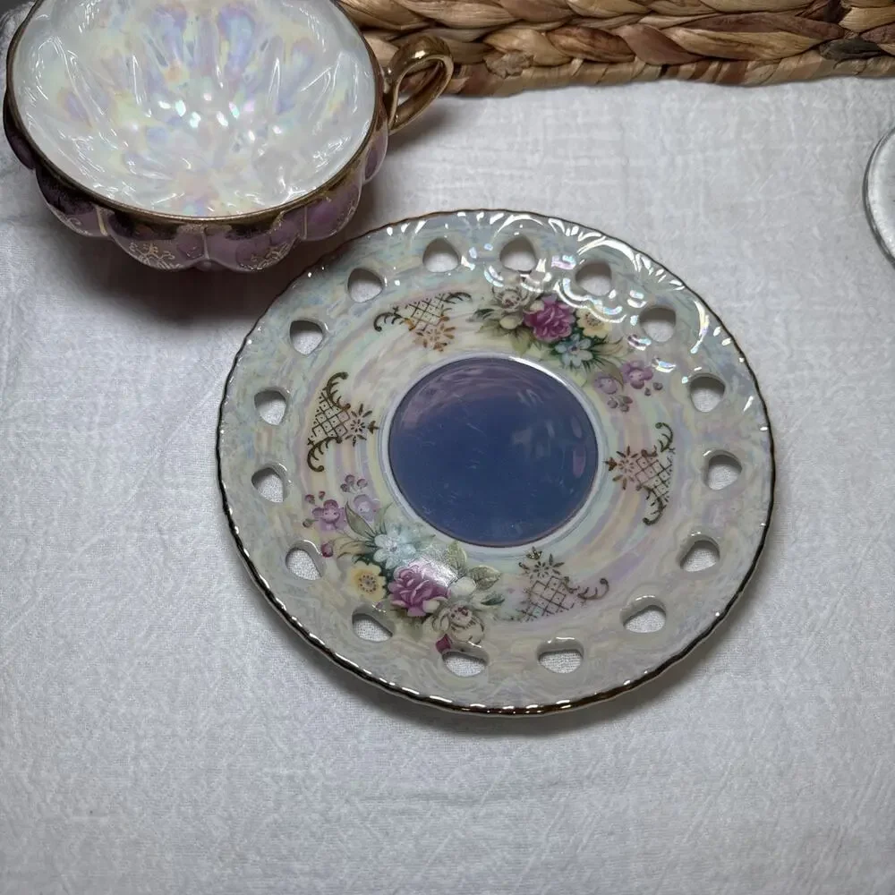 Vintage Pink Lusterware Teacup & Pierced Saucer Set Footed Gold Trim