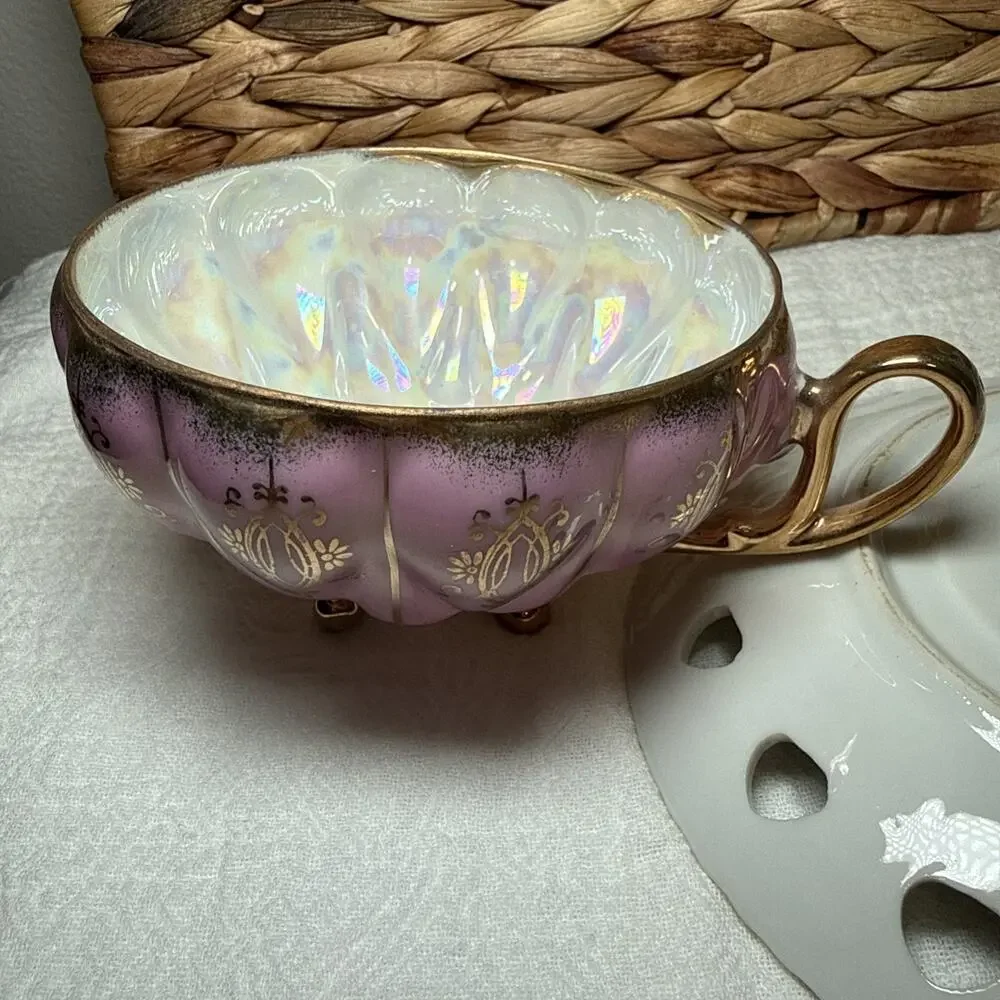 Vintage Pink Lusterware Teacup & Pierced Saucer Set Footed Gold Trim