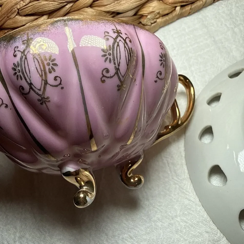 Vintage Pink Lusterware Teacup & Pierced Saucer Set Footed Gold Trim
