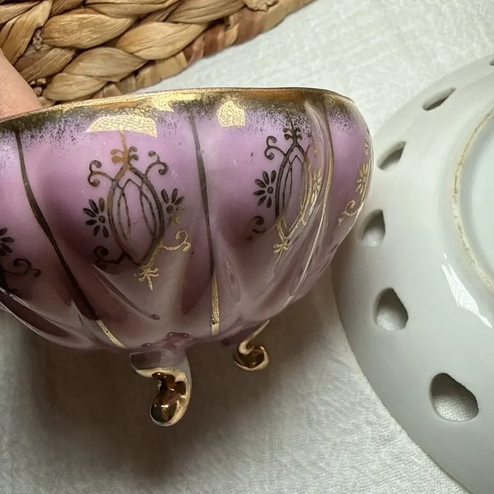 Vintage Pink Lusterware Teacup & Pierced Saucer Set Footed Gold Trim