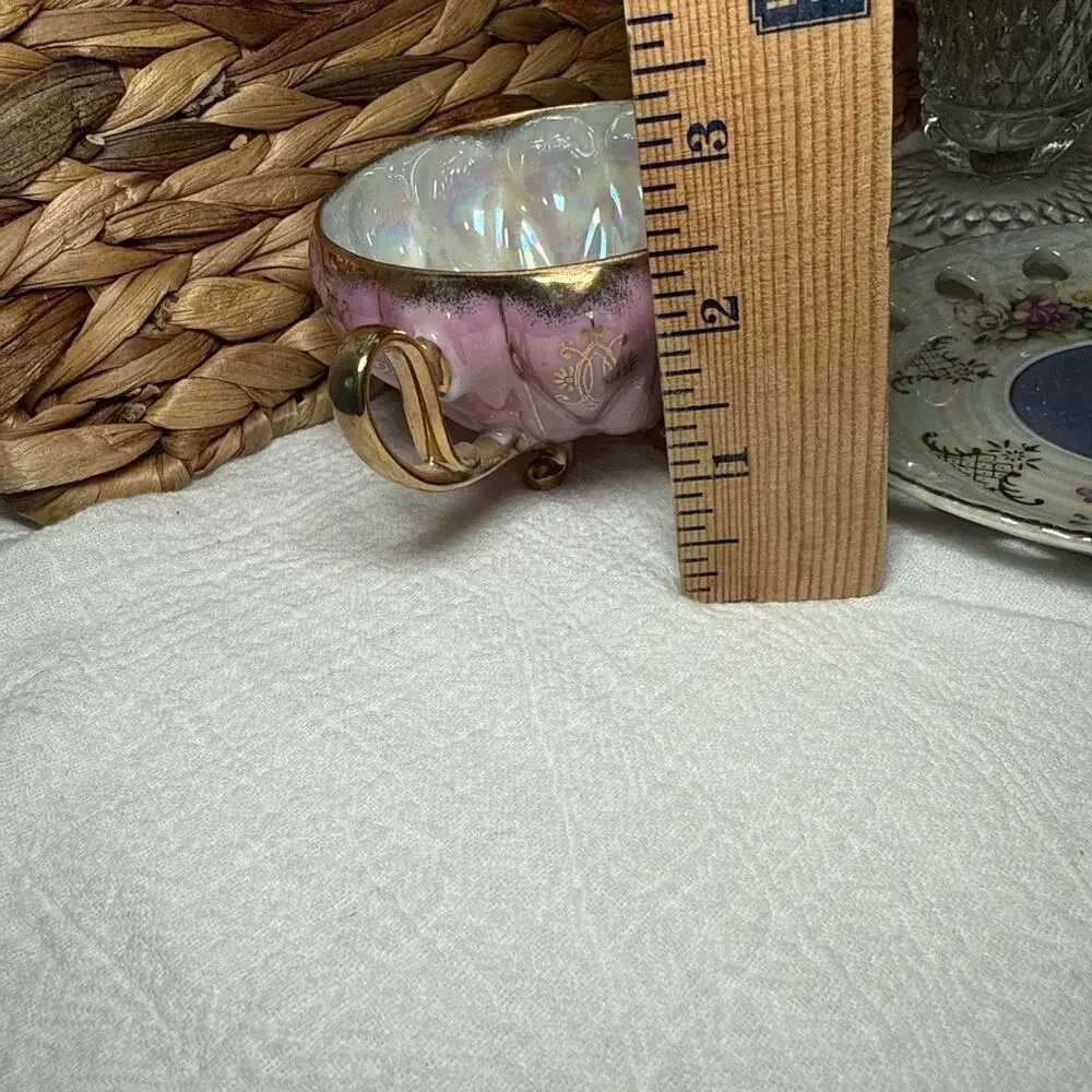 Vintage Pink Lusterware Teacup & Pierced Saucer Set Footed Gold Trim
