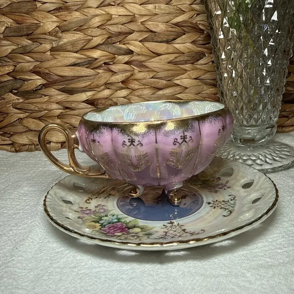 Vintage Pink Lusterware Teacup & Pierced Saucer Set Footed Gold Trim