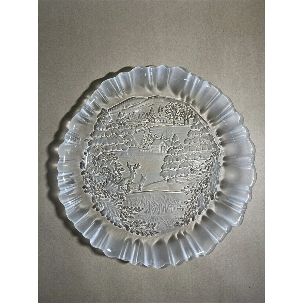 Mikasa Frosted Glass Serving Plate “Winter Dream” Deer/Cottage Scene Candy‎ Dish