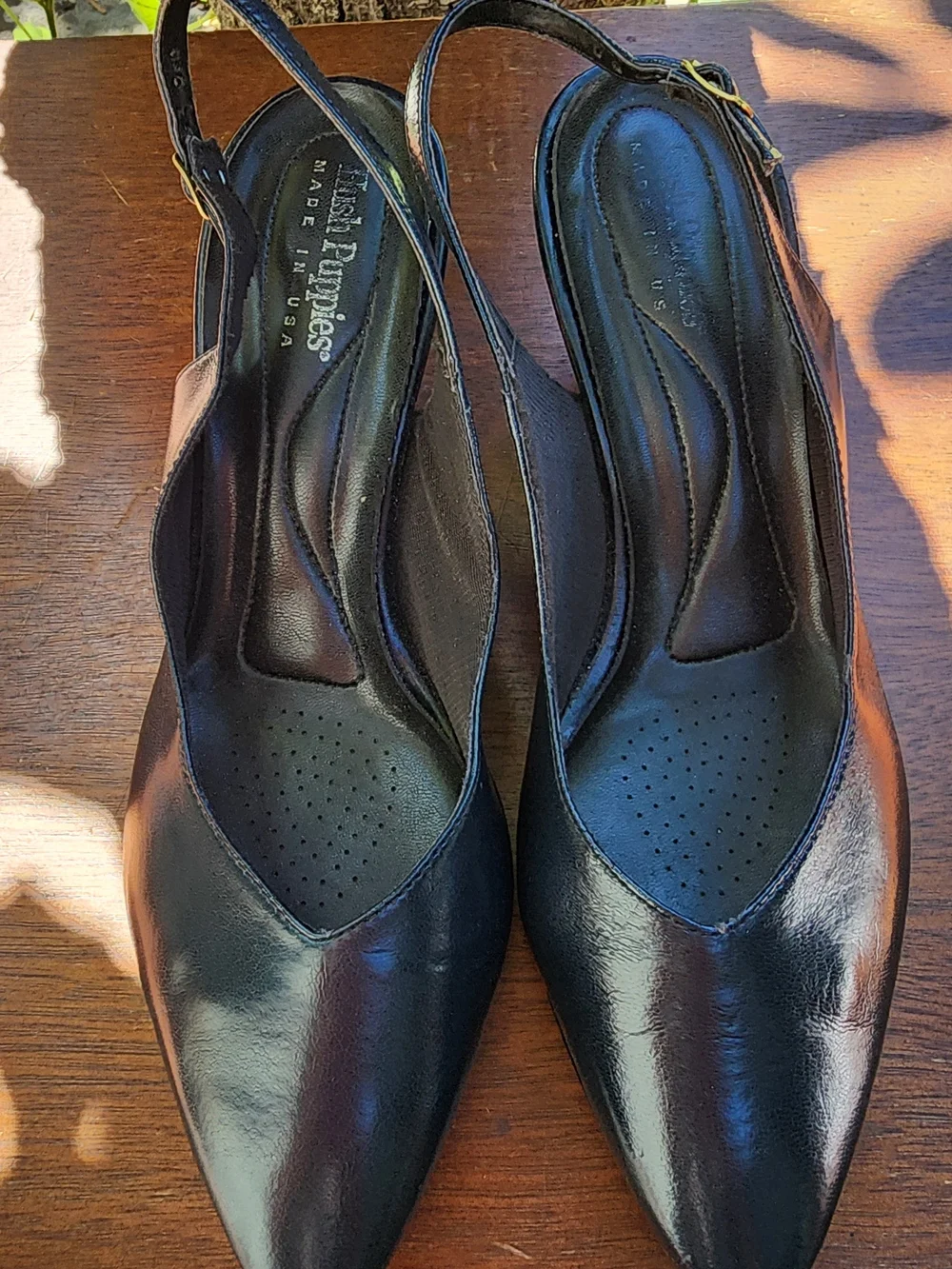 Vintage Hush Puppies Black Leather Pointed Toe Slingback Kitten Heels USA [12W]