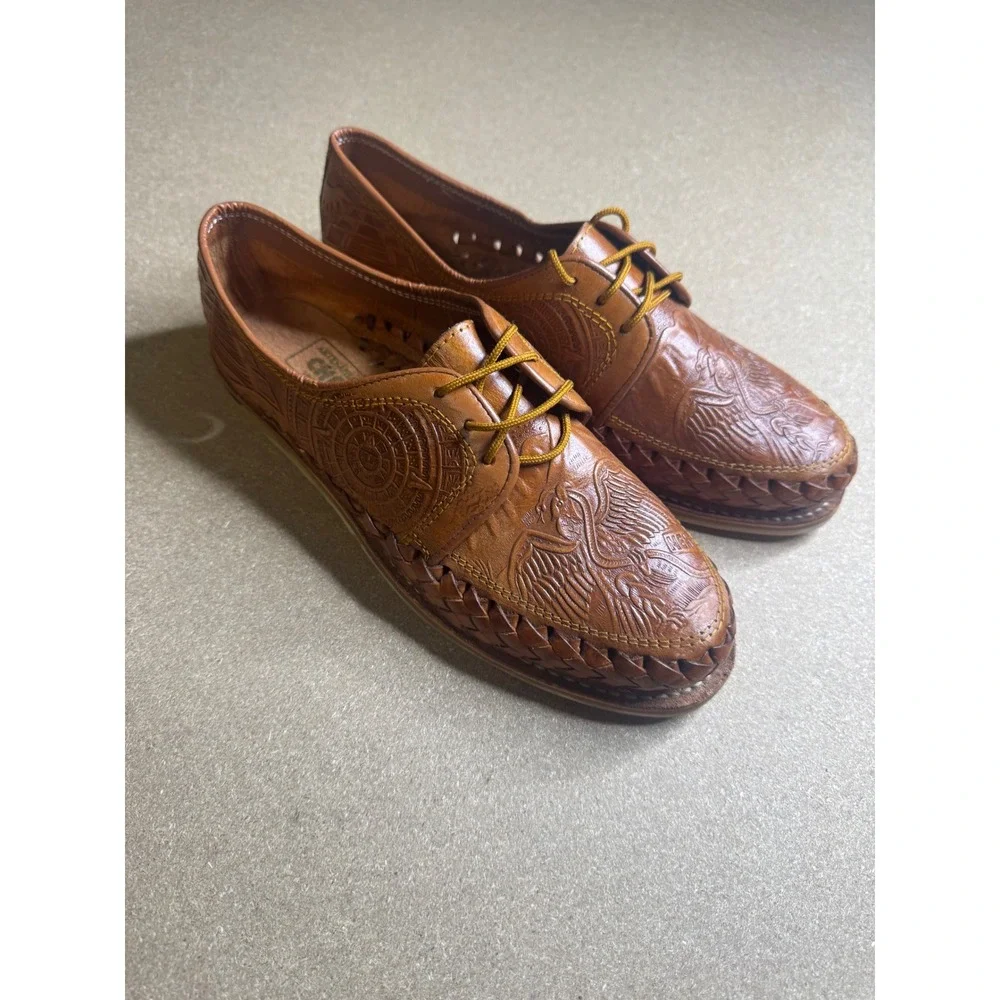 Artisanias Chavez Mens Tan Leather Aztec Eagle Tooled Huarache Oxford Shoes‎ 9