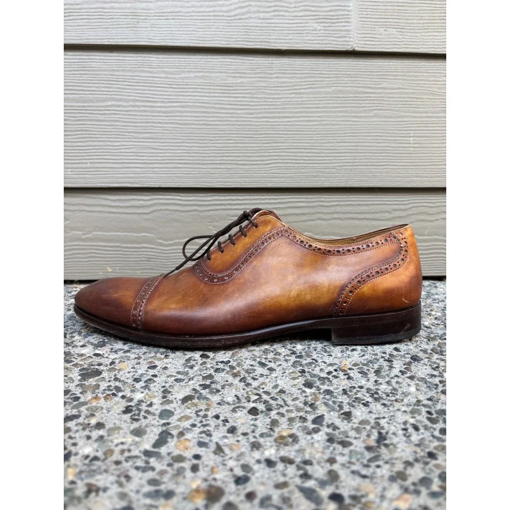 Magnanni 19099 Mens Cognac Hand Painted Leather Cap Toe Brogue Oxfords Size 11 M